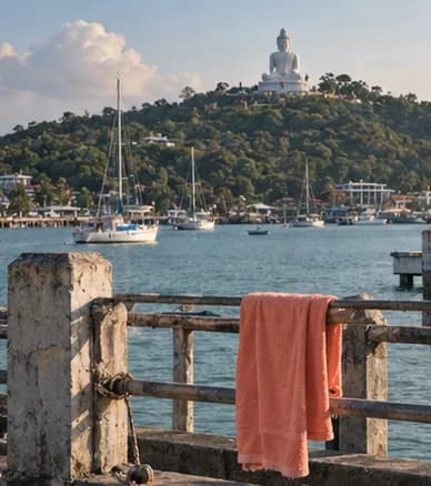 The white Big Buddha statue on a green hill seen from the pier road, boats in the bay