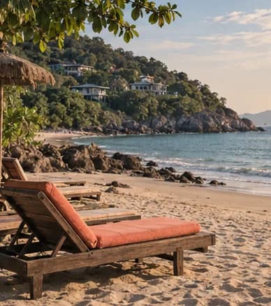 A quiet bay with a rocky headland, a few sunbeds and villas climbing the hill