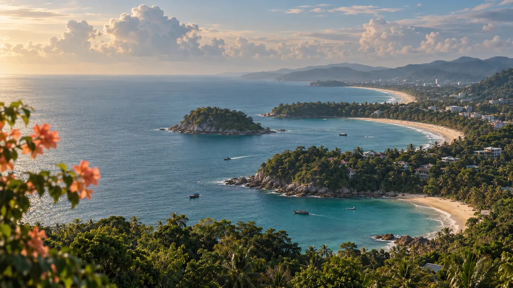 Panorama of Phuket's west coast from a hill: three bays in a row (Kata Noi, Kata and Karon), limestone headlands, longtail boats and cumulus clouds over the Andaman Sea