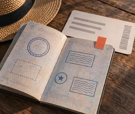 An open passport with entry stamps, a boarding pass beside it, warm light from the window