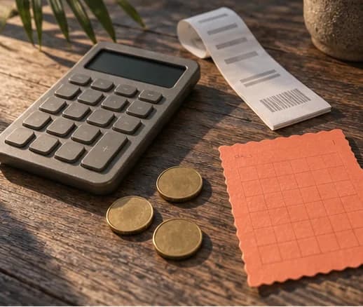 A desk calculator, a bank receipt, a few coins and a torn-off calendar page
