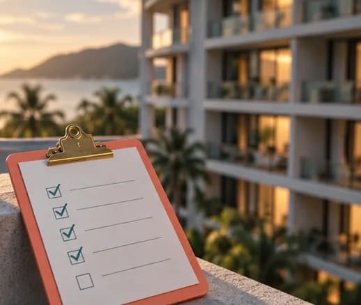 A clipboard checklist with four items ticked and one empty box, a condo building behind it among palm trees, the sea at sunset