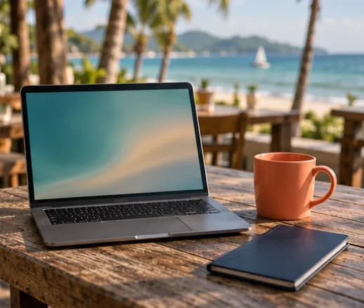 A laptop, an orange mug and a notebook on a wooden table on a beach, with palm trees, the sea and a sailing boat behind
