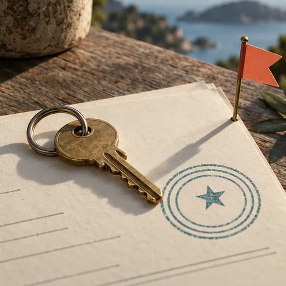 A house key on a stamped deed with a small flag pin